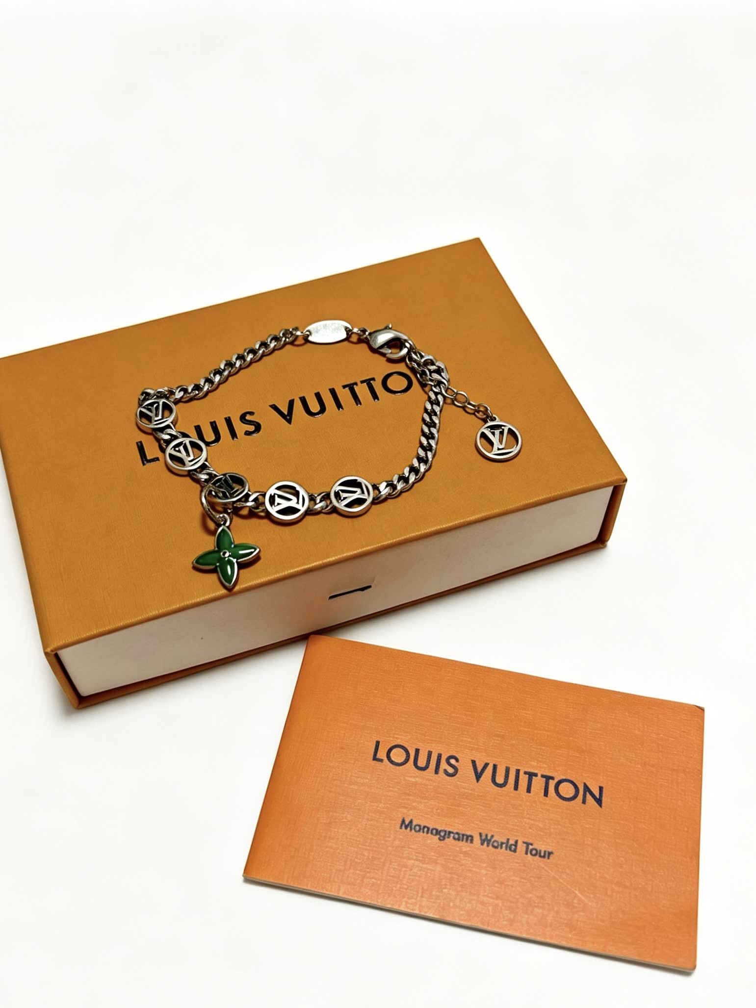 Louis Vuitton Silver Bracelet with Green Enamel Flower